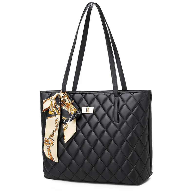 Винтажная женская сумка из искусственной кожи, Классическая ромбовидная решетка, повседневная сумка-тоут, женская сумка через плечо, Большая вместительная дизайнерская сумка с лентой