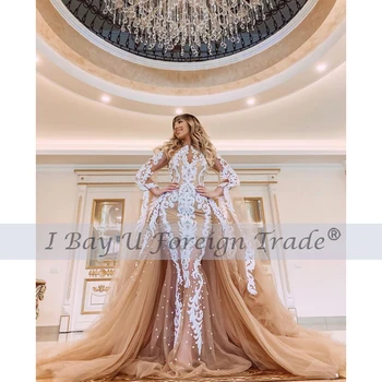 شراءفاخر الشمبانيا حورية البحر فستان الزفاف 2021 كم طويل لؤلؤ مطرز الدانتيل زين مطرز زي العرائس رداء دي ماري