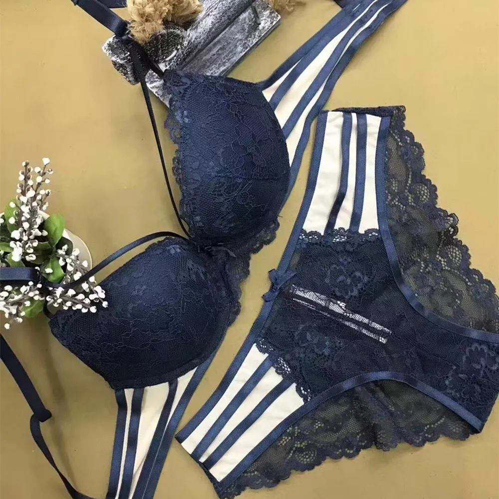 New women's sexy underwear set European and American sexy fashion and thin bra Lace embroidered styleкомплект нижнего белья - Цвет: Синий