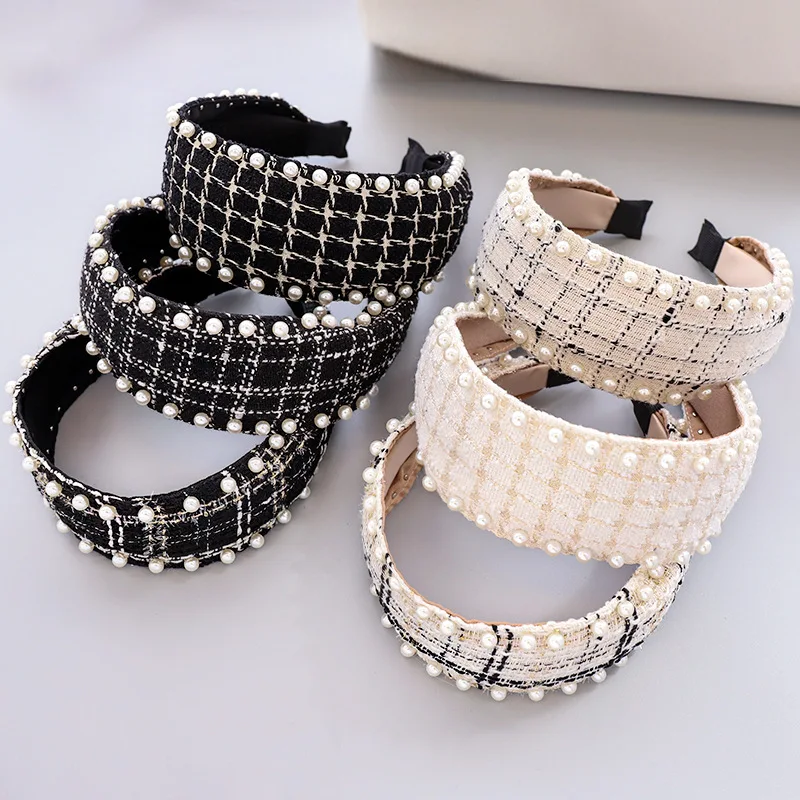 

Vintage Plaid Pearl Weave Hair Band Hoops Cross Knotted Fashion Bezel Women Girls Retro Headwear Wide Headbands Hair Accessories