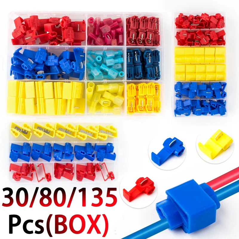 30/80/135PCS Boxed Quick Connect Clip Wire and Cable Crimp Separator Wire Connector Terminal Lip Clamp Soft Distributor