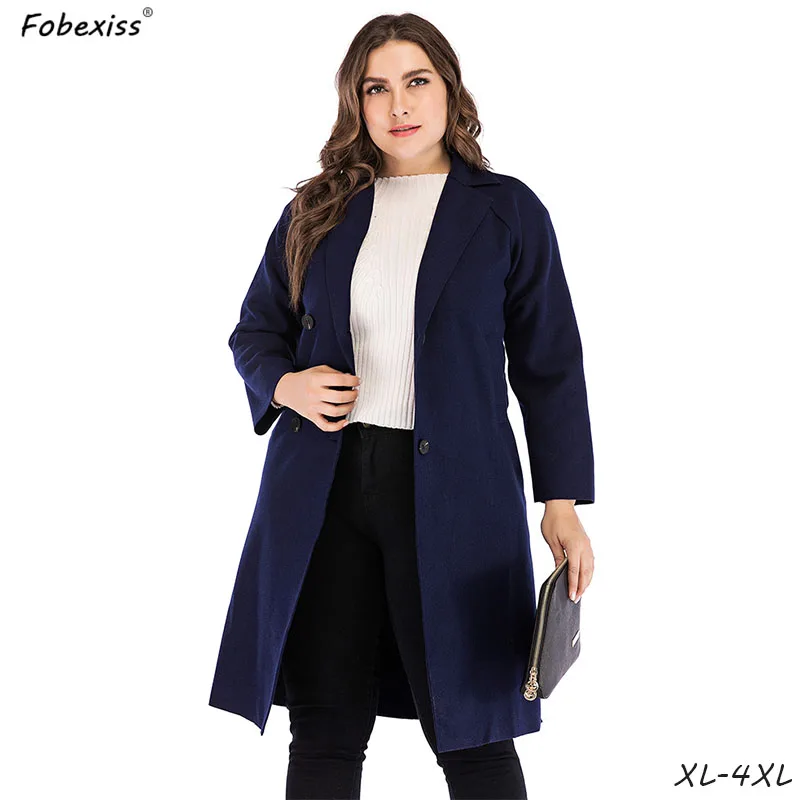 

Plus Size Blue Wool Coat 4XL Long Winter Woolen Coats Women Plain Solid Loose Double Breasted Overcoats 2019 Autumn Women Coat