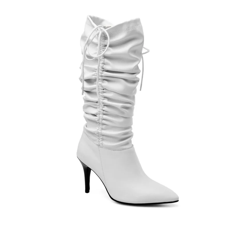 ANNYMOLI/зимние сапоги до колена; женские высокие сапоги из натуральной кожи на высоком каблуке-шпильке; обувь со складками с острым носком; Женская Осенняя обувь; размеры 34-43 - Цвет: White Pigskin Lining