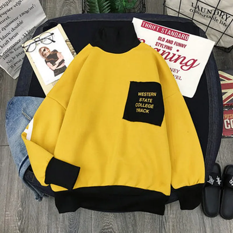 Yellow Супер толстовка с капюшоном Одежда Новая женская уличная размер Топ Студенческая свободная строчка Высокий воротник плюс бархатное плотное пальто - Цвет: Yellow
