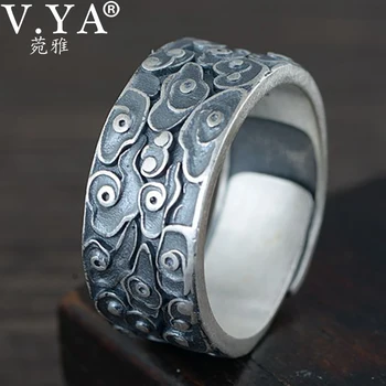 

V.YA 990 Buddhist Auspicious Cloud Pattern Ring Engraved Prayer Jewelry Silver Open Ring for Men Women