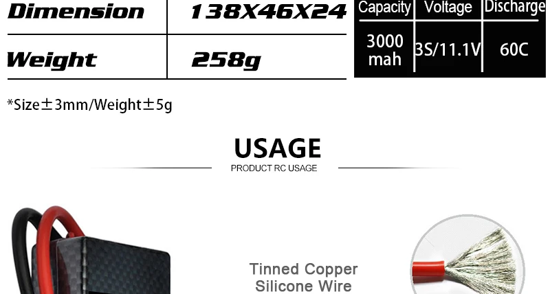 HRB 11.1V 3000mah Lipo 3S Battery, 138X46X24 Capacity Voltage Discharge Weight 258g 3000