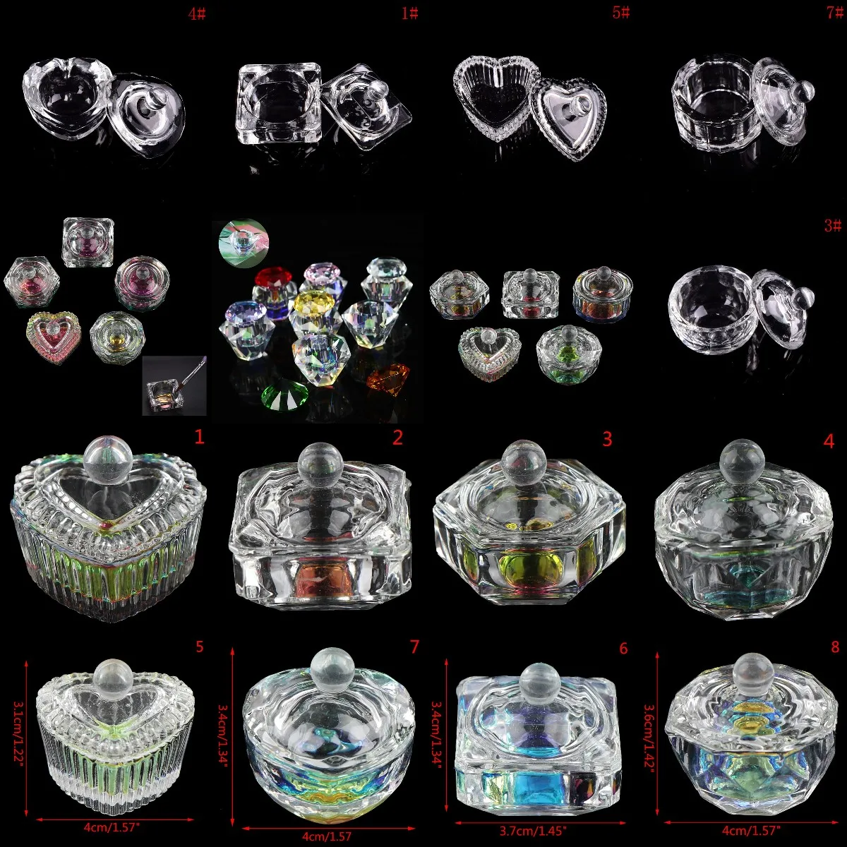 Rainbow Crystal Glass Acrylic Acrylic Powder Liquid Nail Cup Dappen Dish Lid Bowl Cup Holder Equipment 30Styles