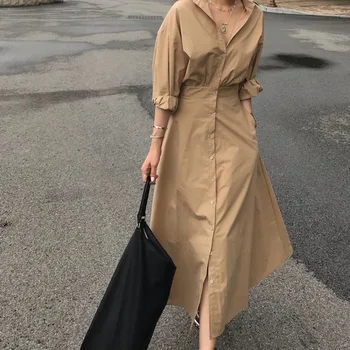 

Korean Chic Long Sleeve Elegant Dresses Single Breasted Turn Down Collar Blouse Vestido New Solid Women Dress Cotton Solid