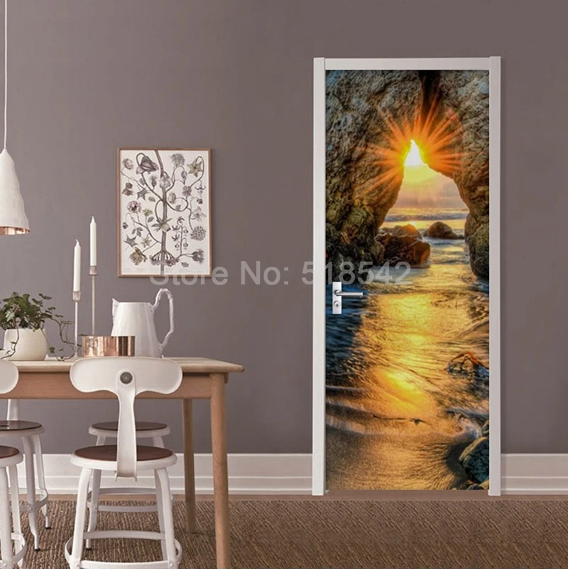 Креативные DIY самоклеющиеся водонепроницаемые дверные обои пляжный закат пейзаж 3D наклейки на двери ПВХ Наклейки на стены Гостиная Спальня