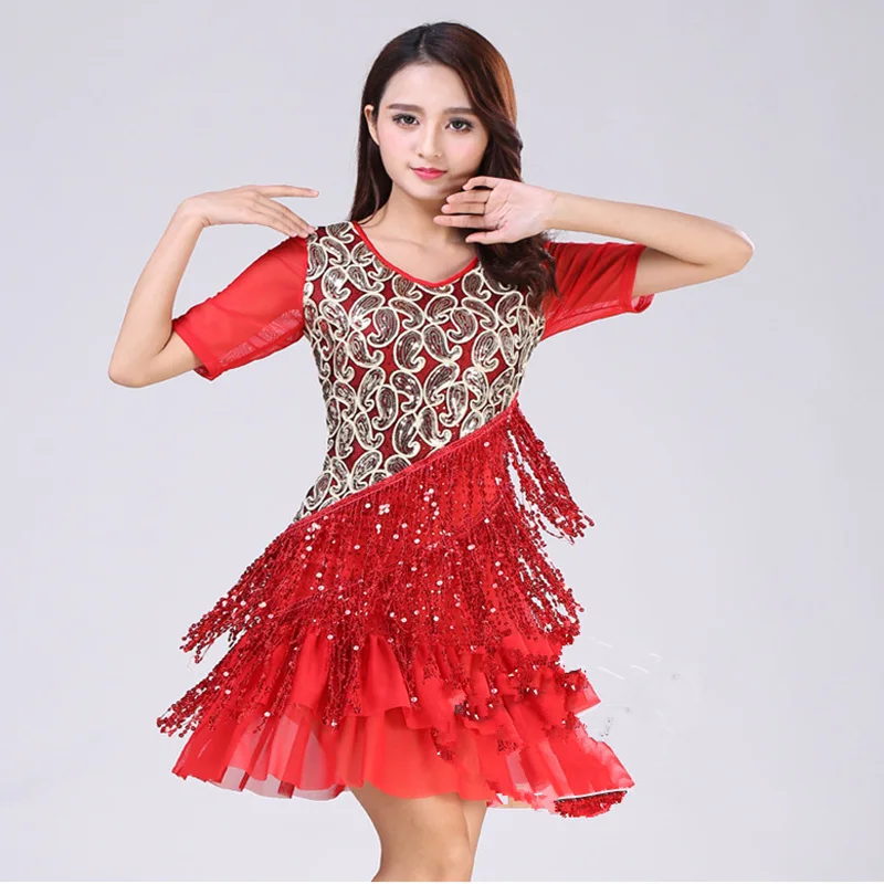 Сексуальное платье для латинских танцев с блестками и кисточками, женские платья для соревнований по танцам, костюмы для выступлений на сцене, одежда для латинских танцев - Цвет: red