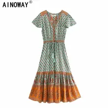 Винтажное шикарное женское пляжное богемное Платье макси с цветочным принтом и рукавом «летучая мышь», женское летнее платье с v-образным вырезом и кисточками, Boho happie vestidos