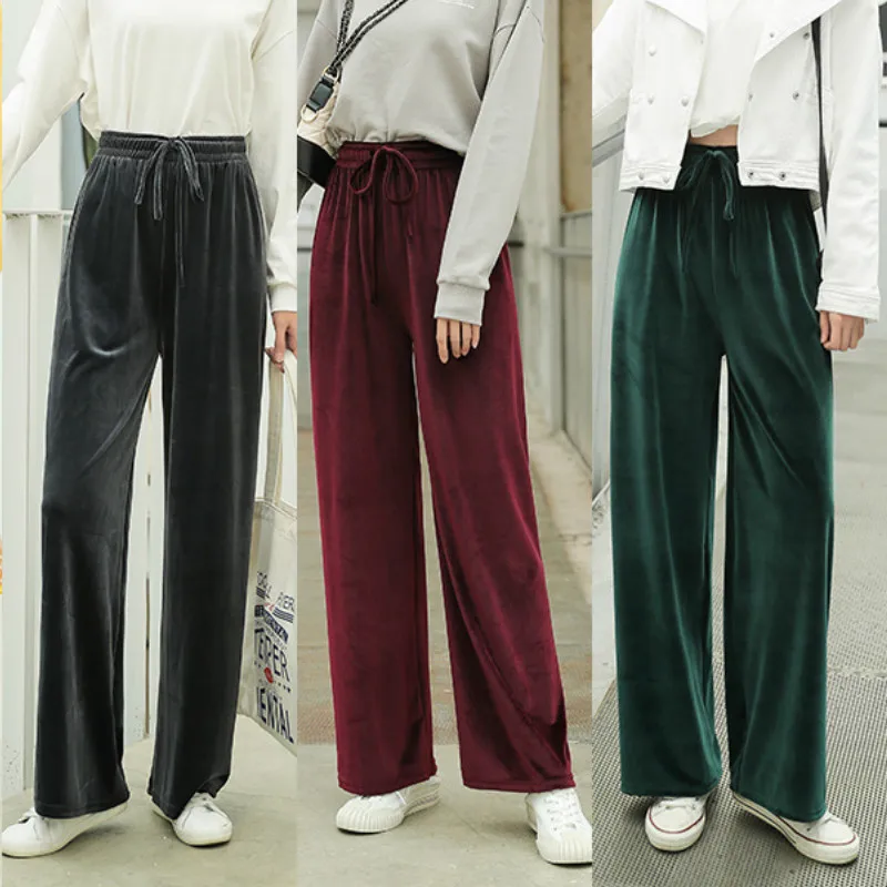 

Solid Color Velvet Long Pants Women 2019 New Autumn Winter Trousers Harajuku Loose Wide Leg Pants Female Casual High Waist Pants