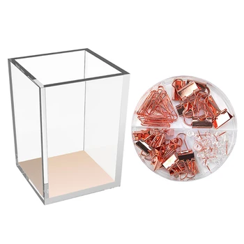 

1 Pcs Acrylic Design Soft Contact Square Pen Pencil Ruler Holder Cup Desktop Stationery Organizer & 1 Set Binder Clips Paper Cli