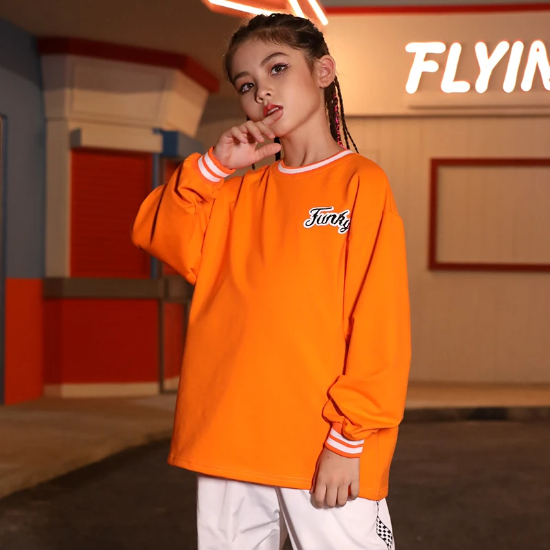 Orange Tops Новая детская одежда в стиле хип-хоп Детская осенняя одежда для мальчиков, свободный уличный танцевальный костюм для выступлений бальная детская спортивная одежда L3012 - Цвет: Orange Tops