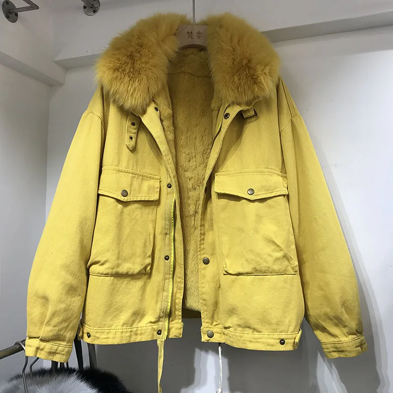 

2020 Winter Yellow Denim Jacket Women Short Parkas Mujer Fox Fur Collar + Detachable Rabbit hair Lining Jeans Jacket Coat Female