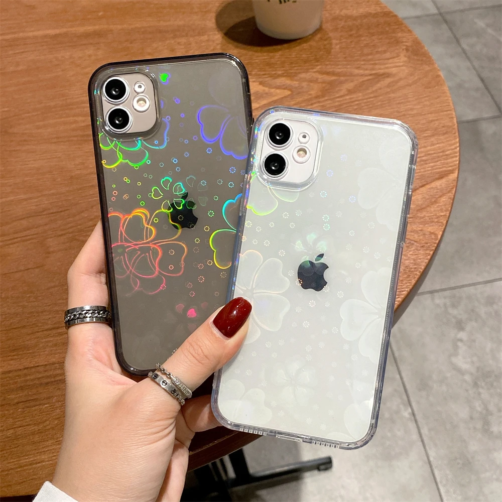 Fashion Gradient Laser Love Heart Leaf Pattern Case For iPhone 13 11 12 Pro Max X XS XR 7 8 Plus SE 2020 Clear Cover With Hearts