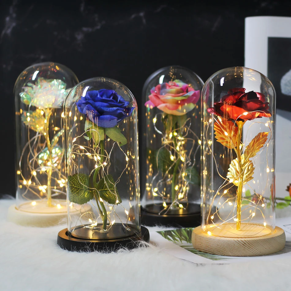 

HOT Rose In Flask Beauty And The Beast Gold-plated Red Rose With LED Light In Glass Dome For Wedding Party Mother's Day Gift