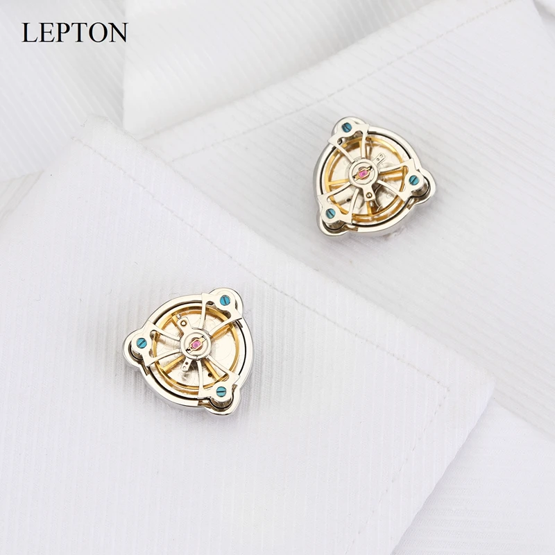 Lepton Watch Tourbillon Movement Cufflinks For Mens Wedding Groom Silver Color Triangle Business Cufflink Best Gift Drop Shiping