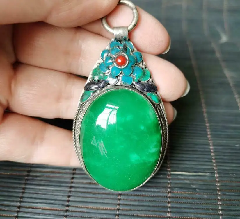 

Hot Selling Chinese GREEN JADE TIBET-SILVER INLAY CLOISONNE Handmade Exquisite PENDANT for Women Men Fashion Accessories