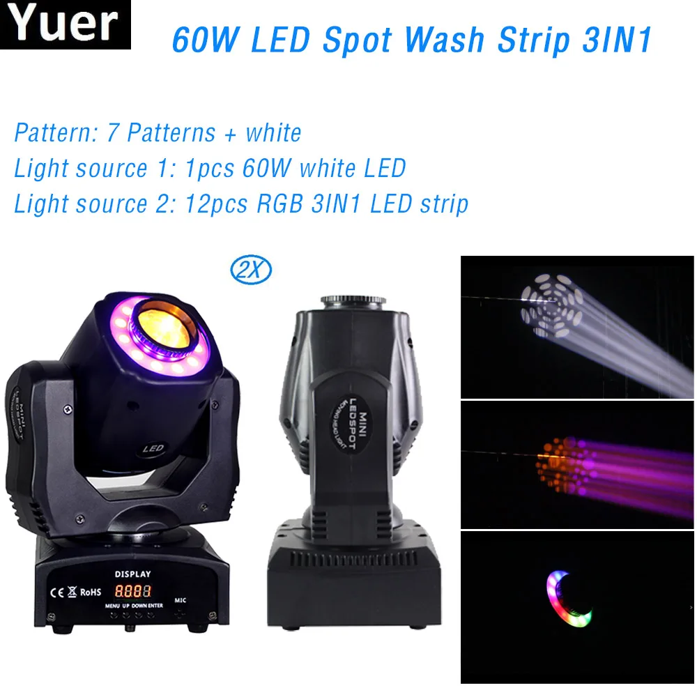 

2Pcs/Lot 1pcs 60W white LED 12pcs RGB 3IN1 LED Strip Wash Patterns Stage Light Party Club Bar Moving Head Light DMX512 Disco