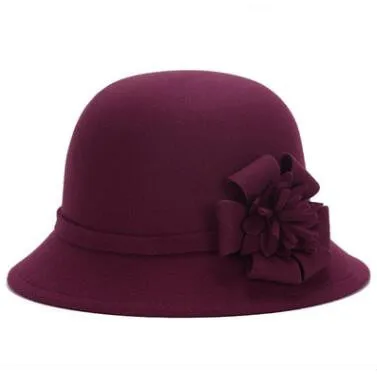 SILOQIN новая осенне-зимняя женская мода Fedoras модное цветочное украшение Sombreros элегантная винтажная Панама Дамская брендовая шапка - Цвет: Wine Red