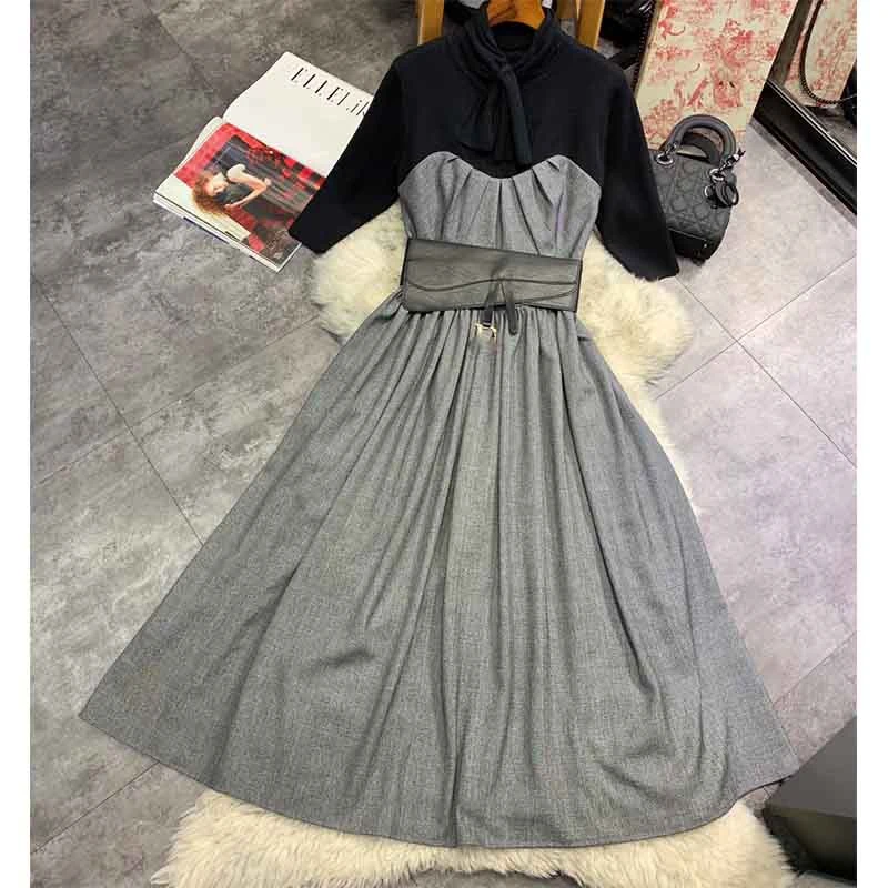 Cosmicchic Women Fake Two Pieces Long Dress Bow Scarf Collar High Waist Vintage Maxi Party Dresses Autumn Winter Warm Dress
