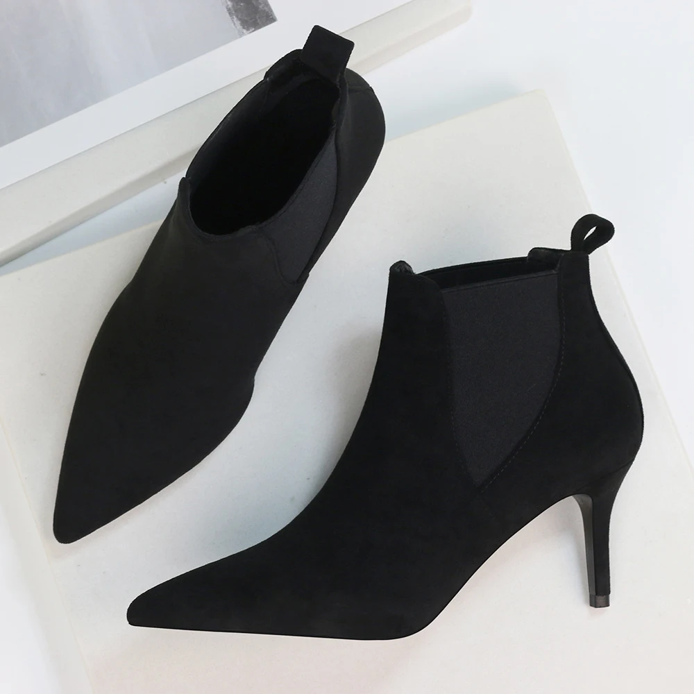 Осенние Женские Ботильоны на каблуке-рюмочке эластичная Женская замшевая обувь