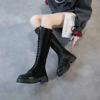 

Knee High Boots Women Leather Autumn Shoes For Women Low Heels Black 100Martins Boots Handmade Genuine Leather Soft Knight Boots