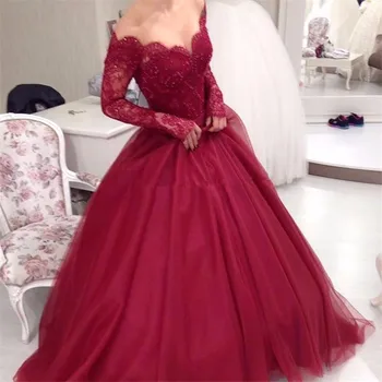 

2020 Elegant Ball Gown Lace Purple Prom Dresses Long Sleeves Scalloped Tulle Beading Quinceanera Gowns vestidos de gala