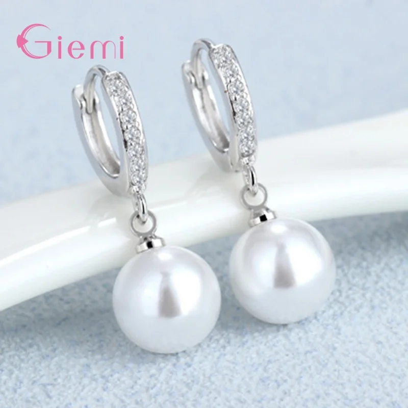Moda elegante creado grande de imitación perla blanca de Plata de Ley 925 pendientes de circón cúbico para mujeres chica regalo de la joyería