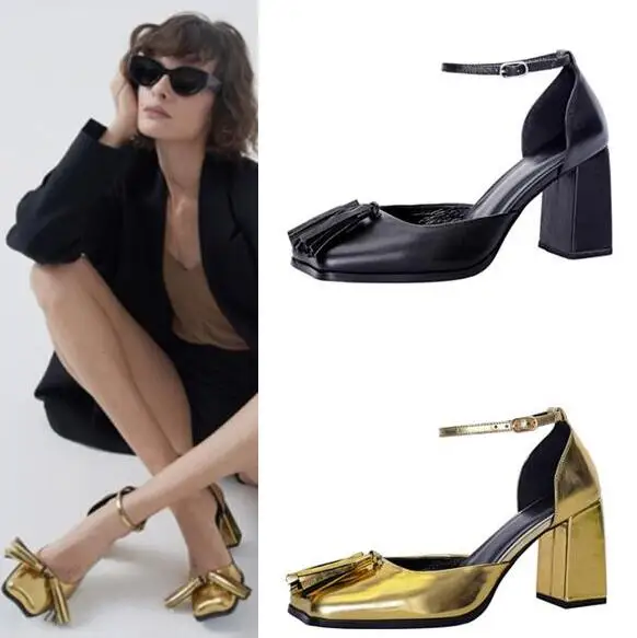 

Drop Shipping Black Gold Leather Square Toe One Line Buckle Strap Pumps Women 8 cm Chunky Heels Fringe Shallow Mary Jane Shoes