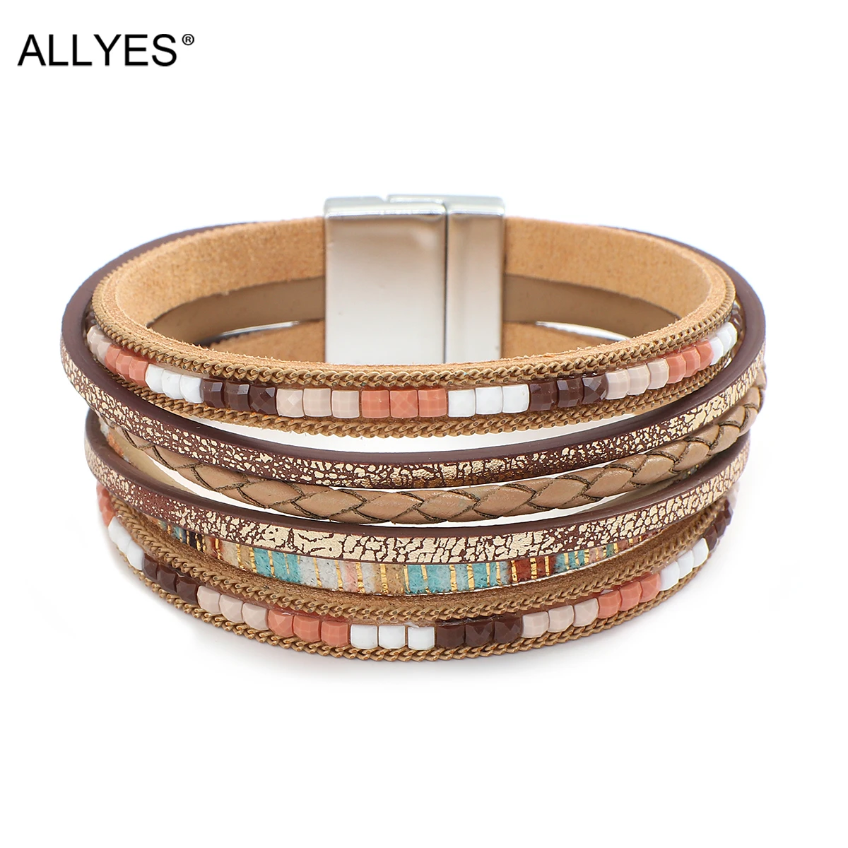 ALLYES Bohemian Braided Leather Bracelets for Women Fashion Handmade Rhinestone Charm Wrap Bracelet Bangle Female Jewelry