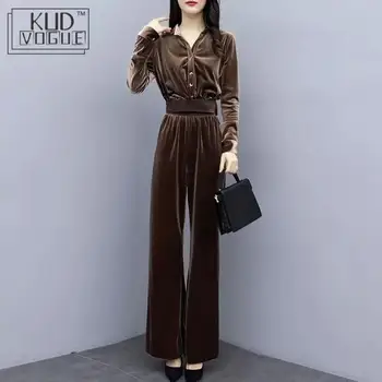 

Sporting Suit Female Tracksuit Two Piece Set Office Velvet Thick Autumn Elastic Waist Solid Slim Top Wide Leg Pants Party Outfit