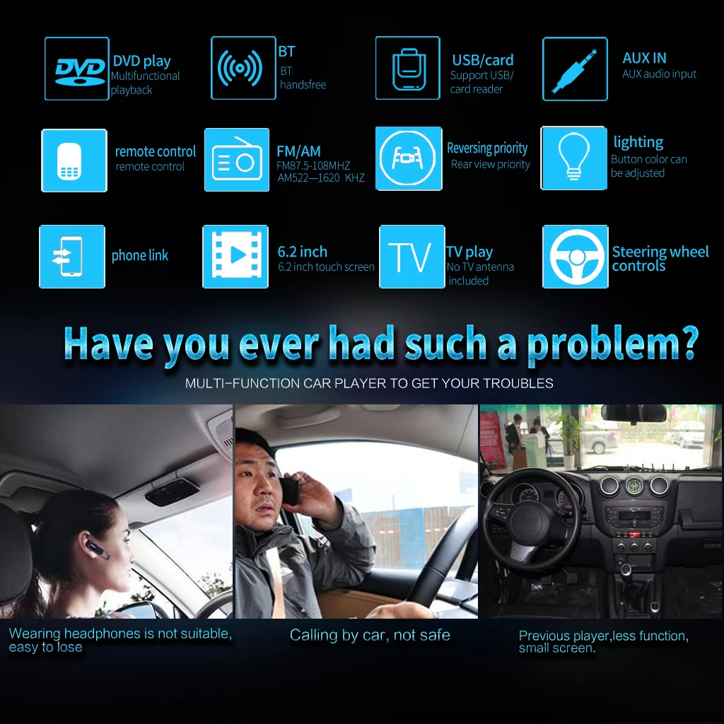 6,2 дюймов Универсальный двойной слиток Bluetooth Автомобильный dvd-плеер AM радио Мобильный телефон подключение версия автомобиля синий свет mp4