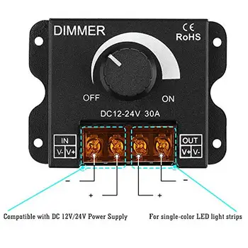 

LED Light Strip Dimmer, DC 12V-24V 30A PWM Dimming Controller for Dimmer Knob Adjust Brightness ON/Off Switch Aluminum