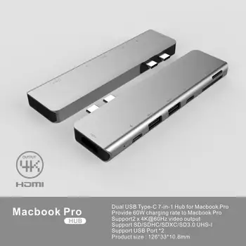 

7 in 2 Dual USB Hub for MacBook Pro Data Converter with Type-C Port One Lighgning Port SD TF Card Slot Support Plug and Play