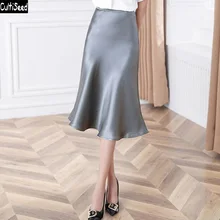 Новинки для женщин, модные нарядные Сатиновые Юбки Женский Высокая Талия Атлас трубы юбки "рыбий хвост" Женские однотонные Цвет офисные юбки в деловом стиле