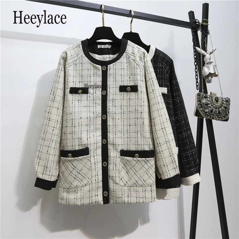 

Tweed Jacket Coat Women High Quality 2019 New Autumn Winter Brand Design Plaid Long Sleeve O-neck Single-breasted Woolen Outwear