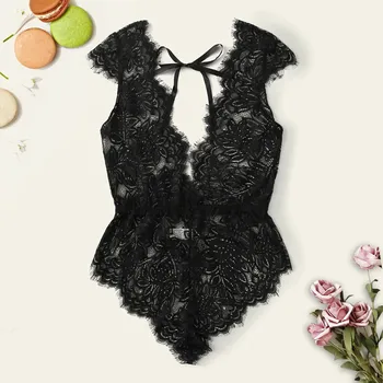 

Onesies For Adults Women Sexy V-Neck Lace Bodysuit Bowknot Backless Jumpsuit Femme Nightwear Temptation Clothing Nightdress