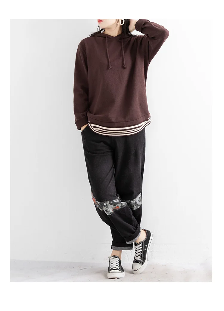 Women Pants Autumn Winter Retro Loose Elastic Waist Casual Trousers New Print Spliced Female All-match Pants