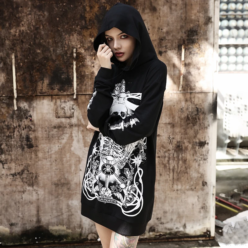 InsGoth женские толстовки Harajuku Grunge Готический Череп Печатные толстовки с капюшоном свободный черный пуловер с капюшоном уличная мода Топ