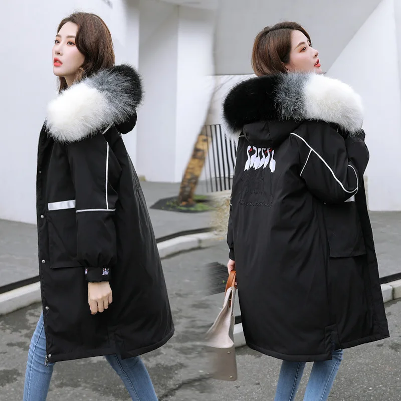 

Photo Shoot Han Dong Door 2019 New Style down Jacket Women's Mid-length Large Fur Collar Embroidered Parka Thick Cotton Coat