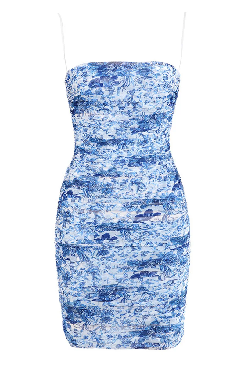 Dupla Camada Ruched Malha Mulheres сексуальный Cintas de Espaguete Vestido de Verao Bodycon Vestido de Festa Elegante Azul Banco Impre