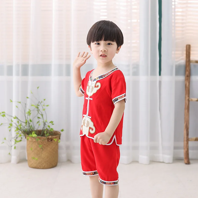 Summer New Style Chinese-style Childrenswear Short Sleeve Set Children Chinese Costume Chinese Clothing Good Luck Cotton BOY'S
