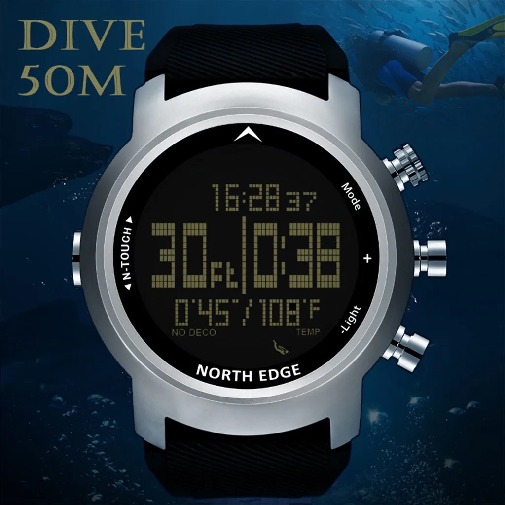 

NORTH EDGE Men Sport Casual LED Diver Watch Waterproof 100m Mens Smart Digital Men Military Silicone Wrist Watch Compass Relogio