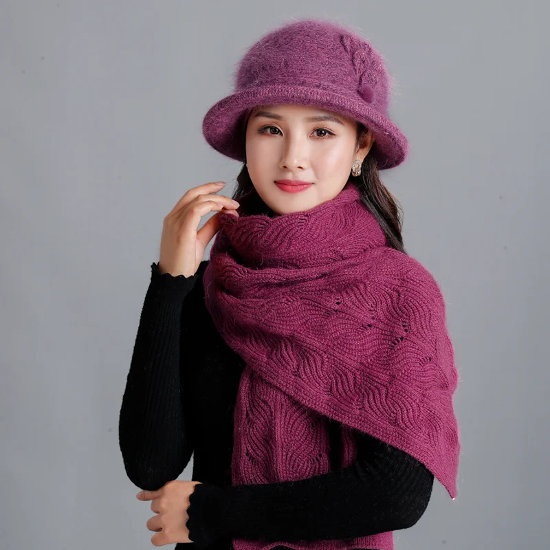 Комплект новая зимняя теплая вязаная шляпа и шарф для женщин смешанный ворсинки кролик мех женский капюшон мать повседневная твердая шаль подарки