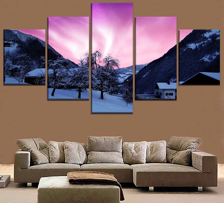 Modern Home Decorative 5 Pieces Aurora Borealis Poster Top-Rated Canvas Printed Wall Art Landscape Pictures Modular Framework | Дом и сад