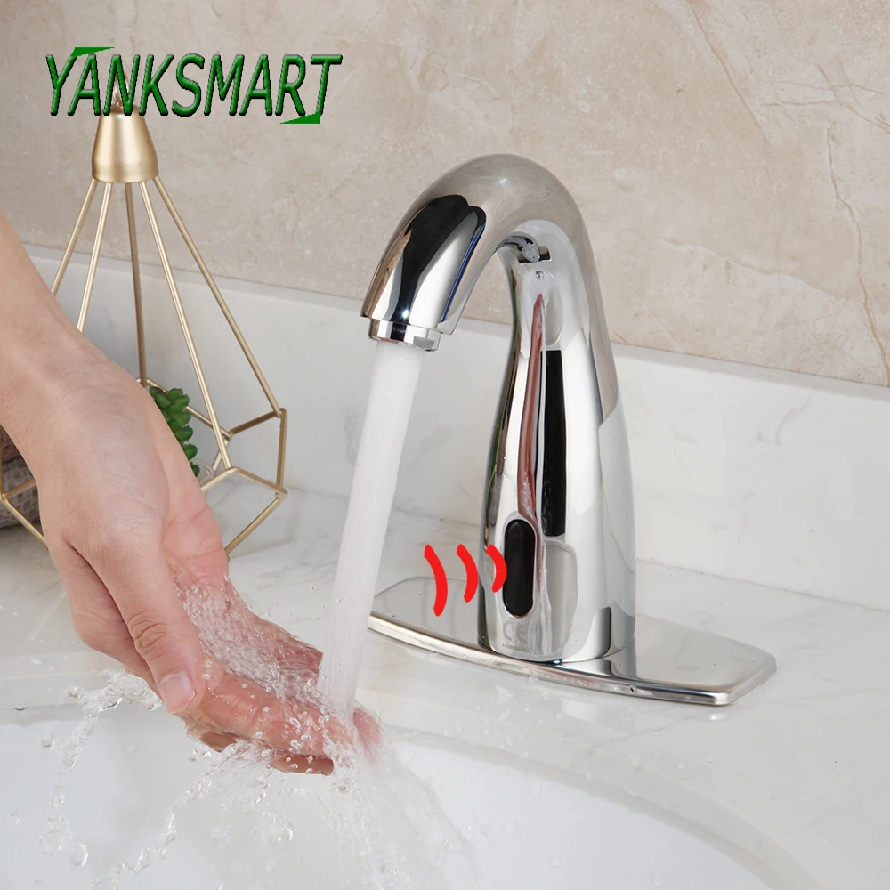 

YANKSAMRT Chrome Polished Automatic Sensor Bathroom Basin Sink Faucets Deck Mounted Touch Sense Hot & Cold Water Mixer Tap