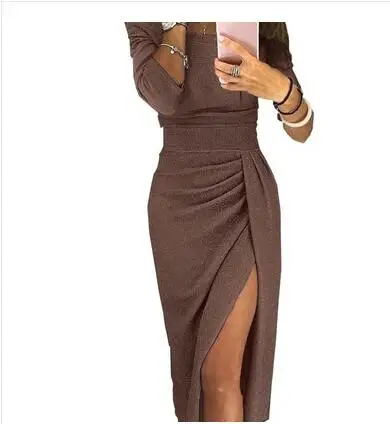 Kpop женское платье Femme Vestido с открытыми плечами Высокая Талия Bodycon пикантные однотонные платья для женщин; Большие размеры MK252 - Цвет: brown
