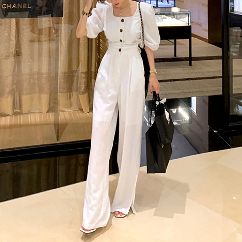 Elegant Slim Women Short Sleeve Square Neck Jumpsuits Office Lady Bodysuit Long Pants Casual Playsuit Solid Color Autumn Fashion |
